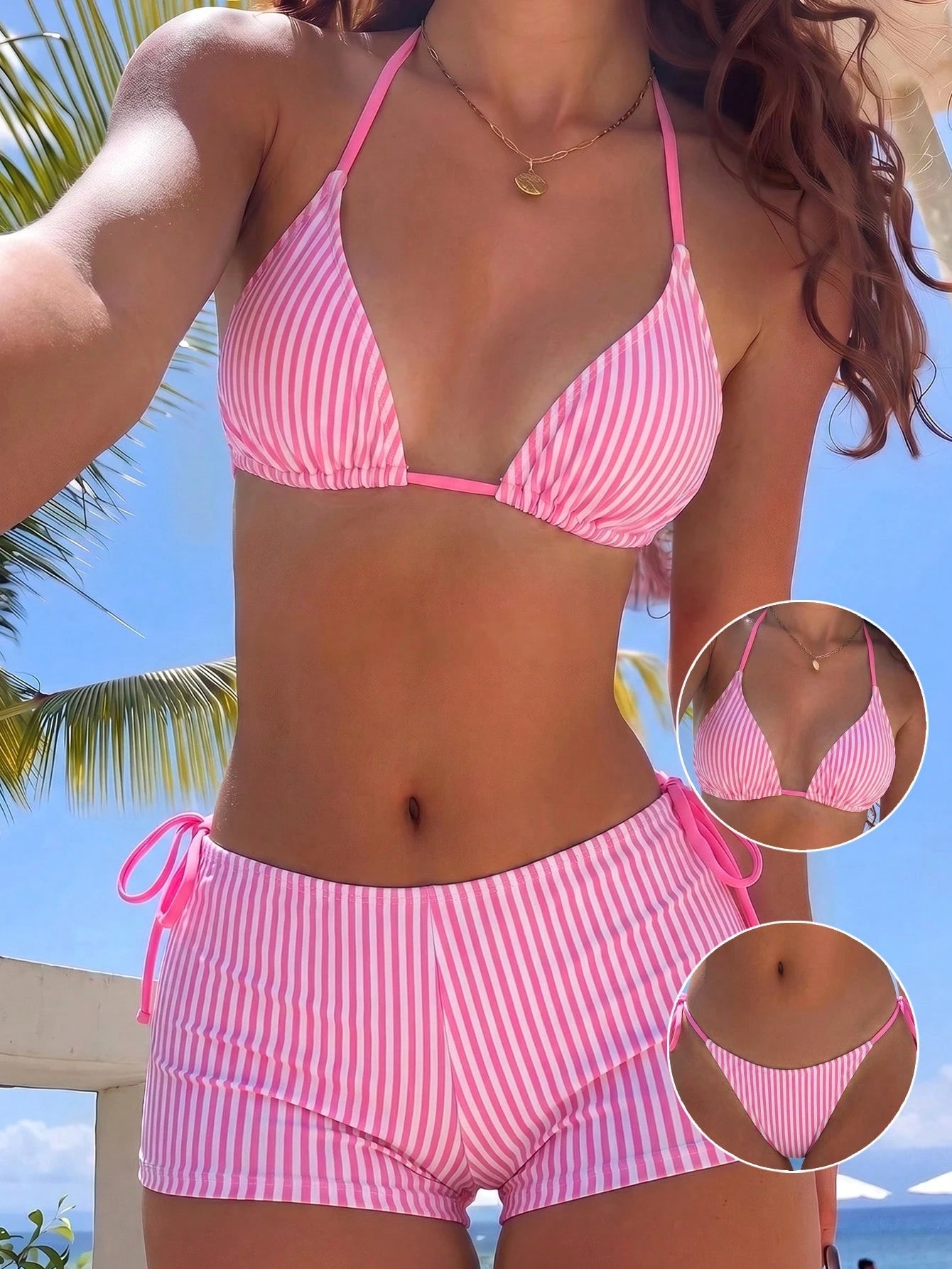 Swim Mod Women's Summer Striped Print Halter Bikini & Briefs 3-Piece Swimwear Set