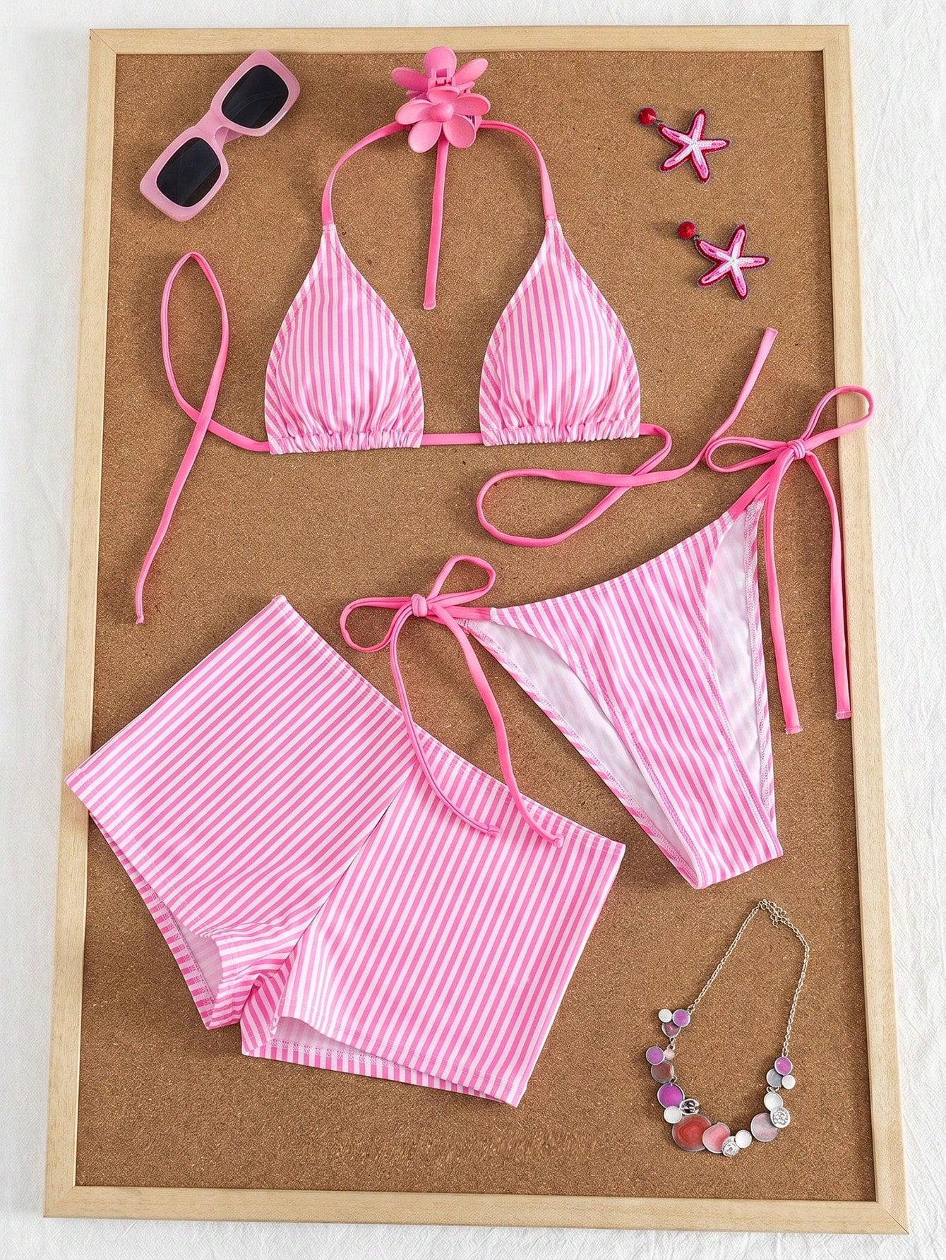 Swim Mod Women's Summer Striped Print Halter Bikini & Briefs 3-Piece Swimwear Set