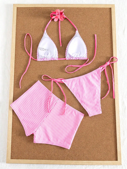 Swim Mod Women's Summer Striped Print Halter Bikini & Briefs 3-Piece Swimwear Set