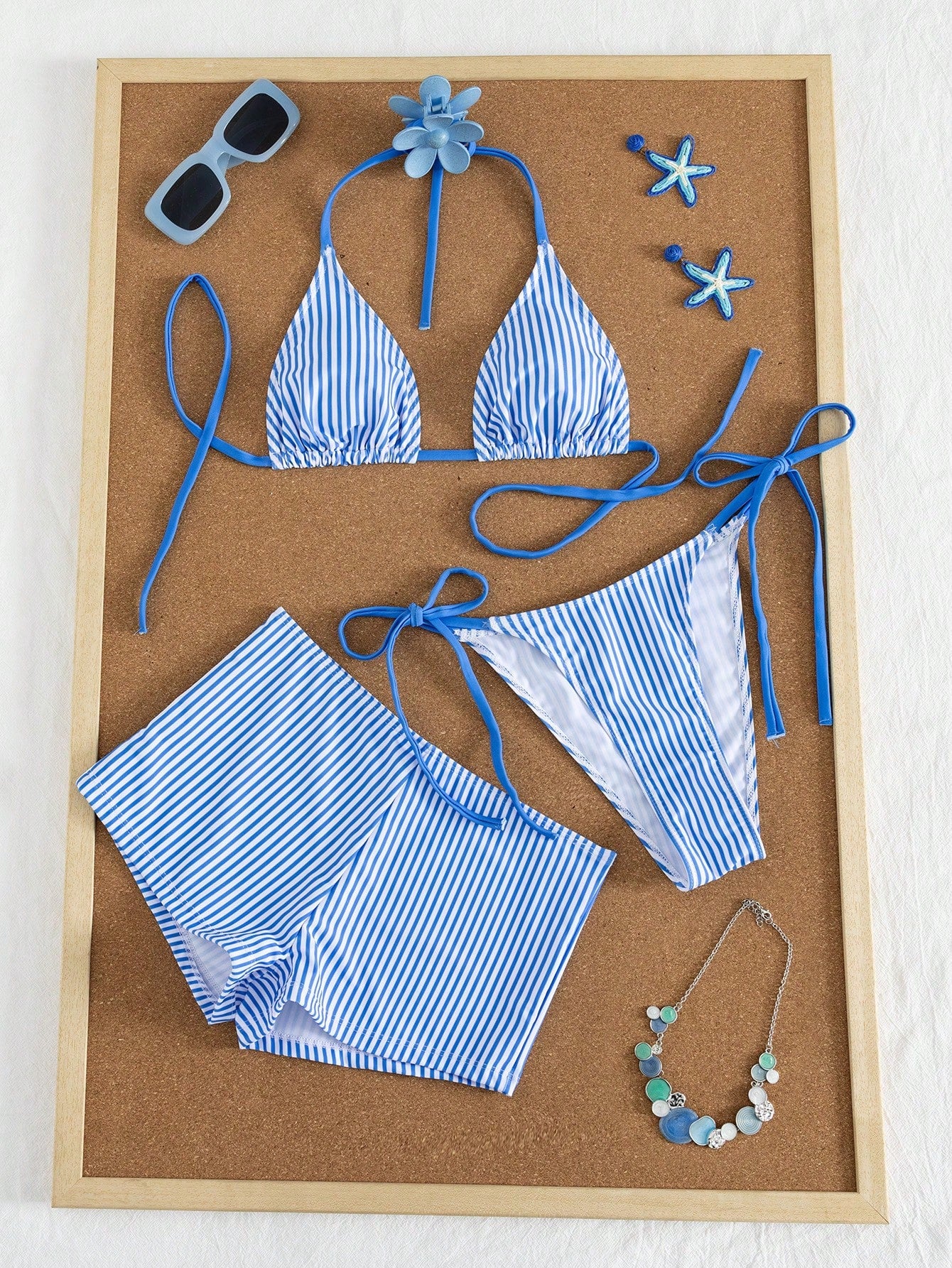Swim Mod Women's Summer Striped Print Halter Bikini & Briefs 3-Piece Swimwear Set