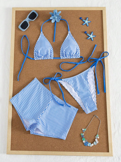 Swim Mod Women's Summer Striped Print Halter Bikini & Briefs 3-Piece Swimwear Set