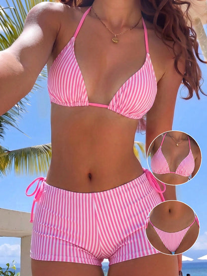 Swim Mod Women's Summer Striped Print Halter Bikini & Briefs 3-Piece Swimwear Set