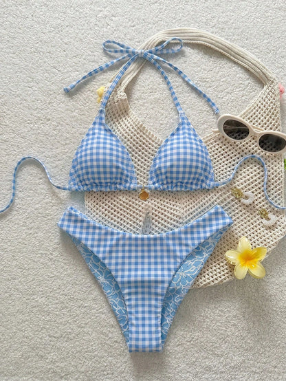 Swim Mod Women's Sweet Blue Floral Print Reversible Halter Tie Sexy Bikini Swimwear Set