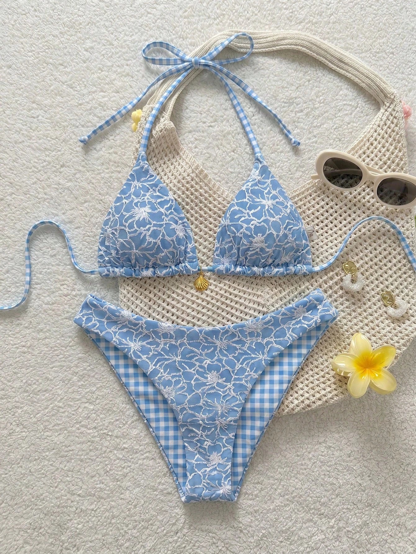 Swim Mod Women's Sweet Blue Floral Print Reversible Halter Tie Sexy Bikini Swimwear Set