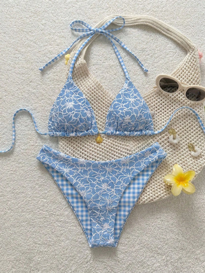Swim Mod Women's Sweet Blue Floral Print Reversible Halter Tie Sexy Bikini Swimwear Set