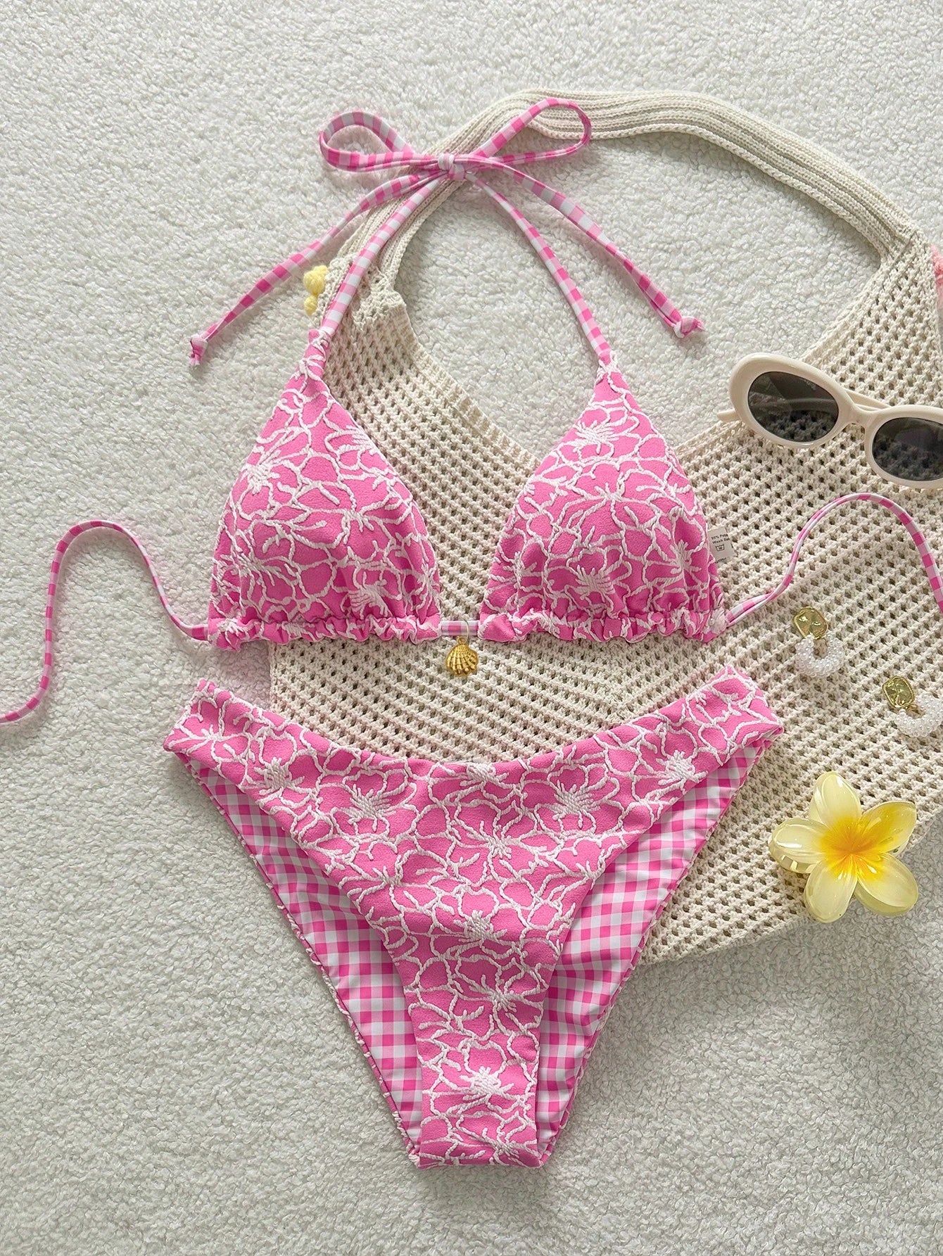 Swim Mod Women's Sweet Blue Floral Print Reversible Halter Tie Sexy Bikini Swimwear Set
