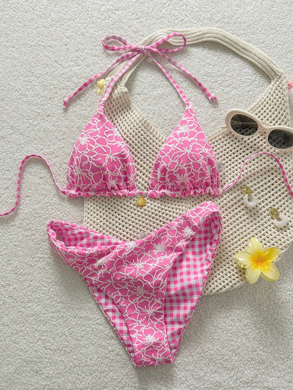 Swim Mod Women's Sweet Blue Floral Print Reversible Halter Tie Sexy Bikini Swimwear Set