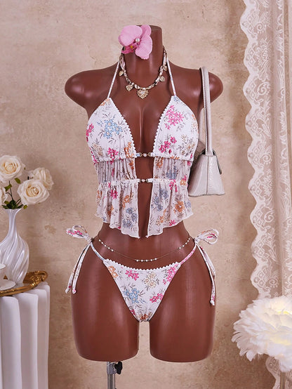Swim Mod Women's Sweet Floral Pom Pom Lace Pearl Decor Spaghetti Strap Backless Sexy Camisole & Bikini Set, Suitable For Beach Vacation