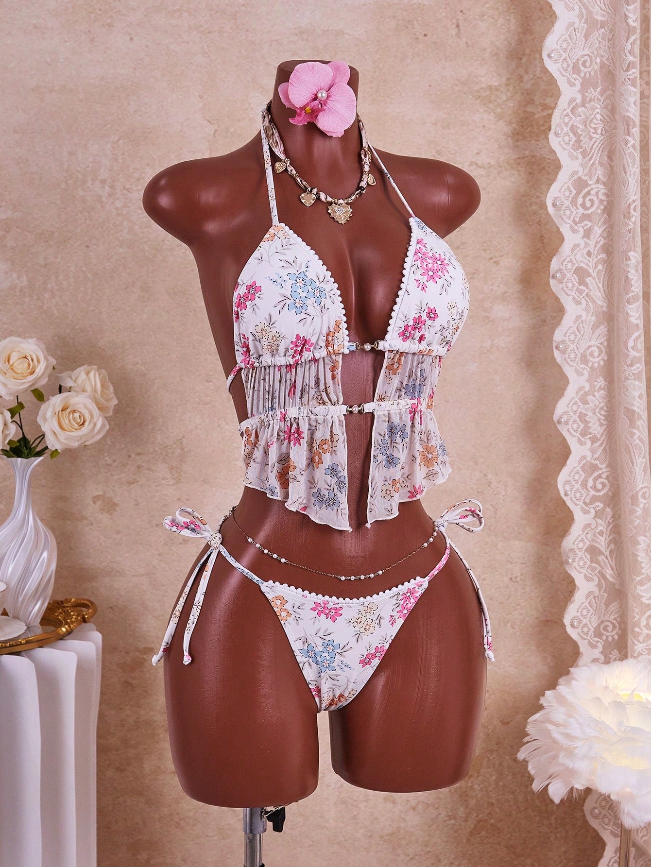 Swim Mod Women's Sweet Floral Pom Pom Lace Pearl Decor Spaghetti Strap Backless Sexy Camisole & Bikini Set, Suitable For Beach Vacation