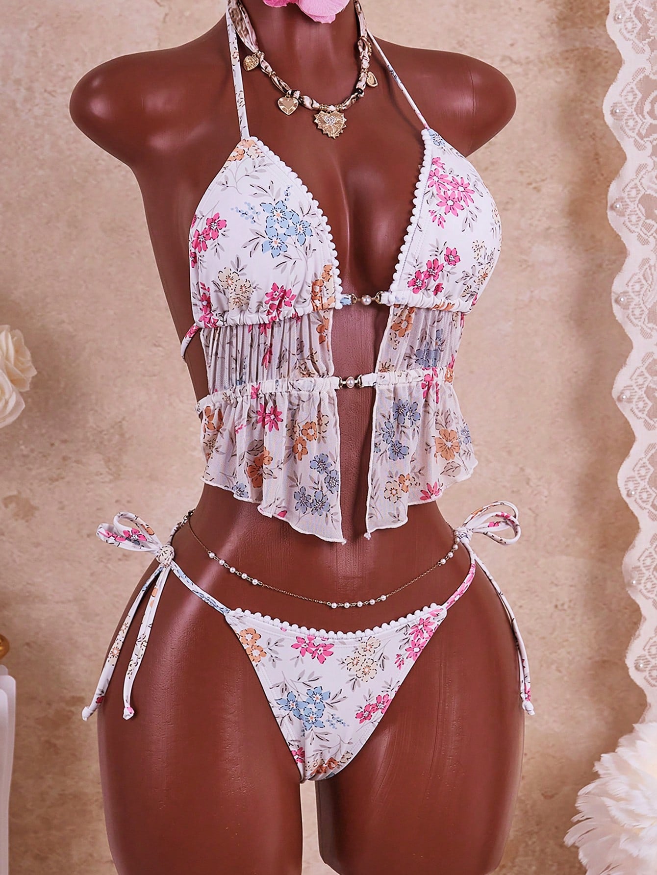 Swim Mod Women's Sweet Floral Pom Pom Lace Pearl Decor Spaghetti Strap Backless Sexy Camisole & Bikini Set, Suitable For Beach Vacation
