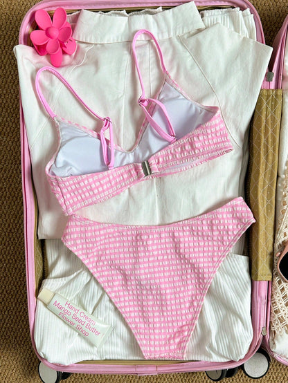 Swim Mod Women's Sweet Minimalist Cute Round Neck Beach Bikini Set, Spring/Summer,Cute Pink Plaid Mini Bikini Swimwear Set For Women's Summer Beach Vacation