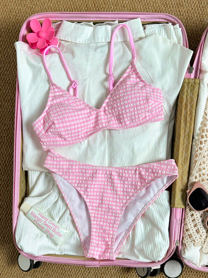 Swim Mod Women's Sweet Minimalist Cute Round Neck Beach Bikini Set, Spring/Summer,Cute Pink Plaid Mini Bikini Swimwear Set For Women's Summer Beach Vacation
