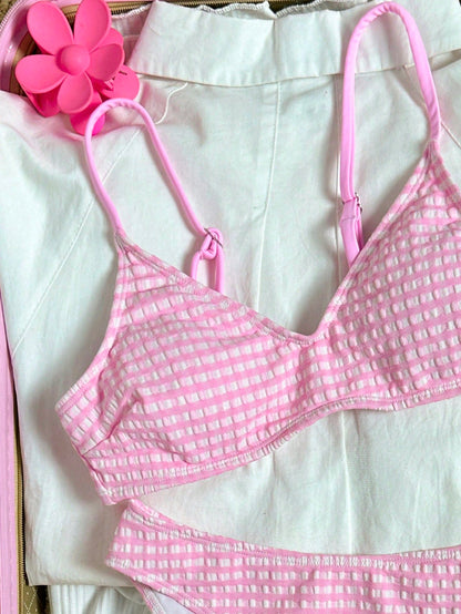 Swim Mod Women's Sweet Minimalist Cute Round Neck Beach Bikini Set, Spring/Summer,Cute Pink Plaid Mini Bikini Swimwear Set For Women's Summer Beach Vacation