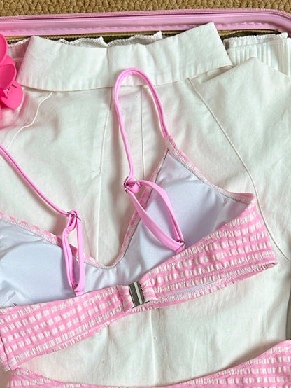 Swim Mod Women's Sweet Minimalist Cute Round Neck Beach Bikini Set, Spring/Summer,Cute Pink Plaid Mini Bikini Swimwear Set For Women's Summer Beach Vacation