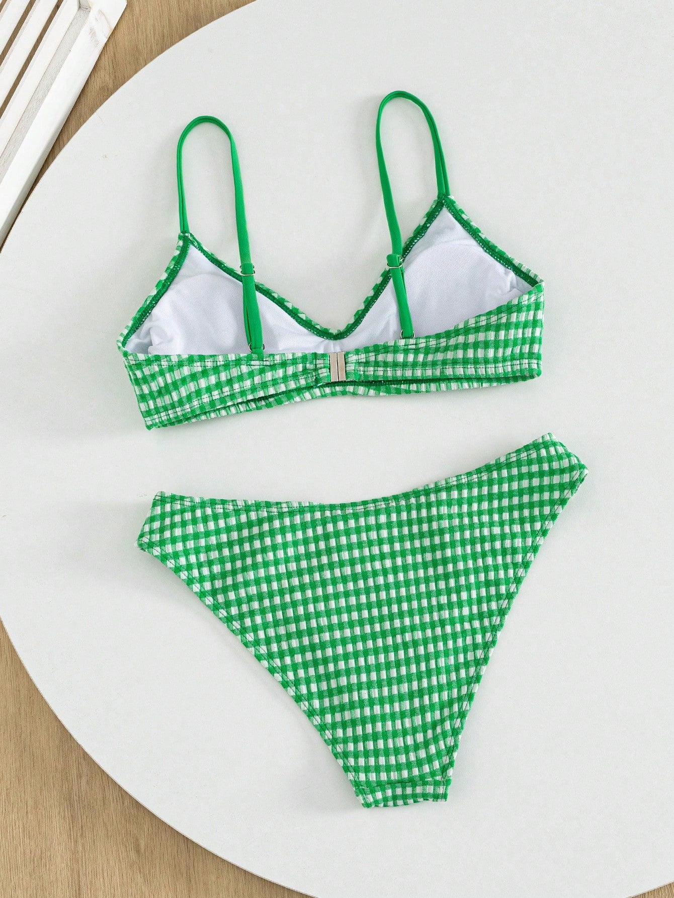 Swim Mod Women's Sweet Minimalist Cute Round Neck Beach Bikini Set, Spring/Summer,Cute Pink Plaid Mini Bikini Swimwear Set For Women's Summer Beach Vacation