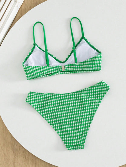 Swim Mod Women's Sweet Minimalist Cute Round Neck Beach Bikini Set, Spring/Summer,Cute Pink Plaid Mini Bikini Swimwear Set For Women's Summer Beach Vacation