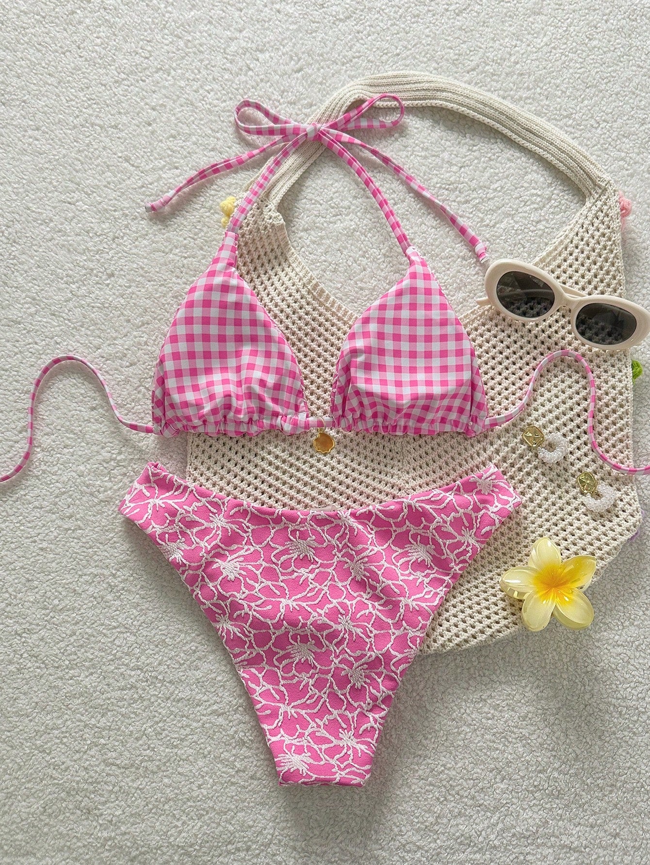 Swim Mod Women's Sweet Pink Floral Patterned Reversible Bikini Set