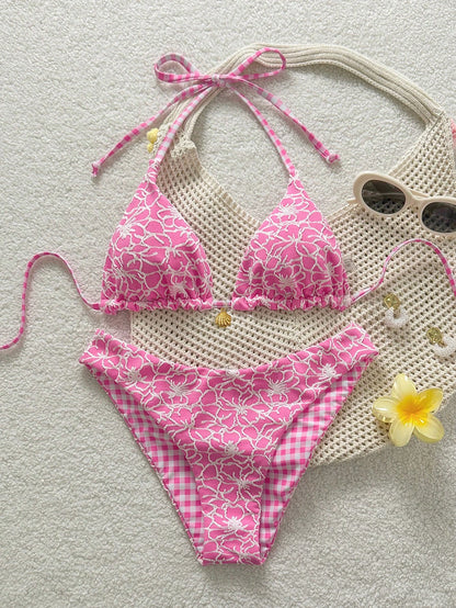 Swim Mod Women's Sweet Pink Floral Patterned Reversible Bikini Set