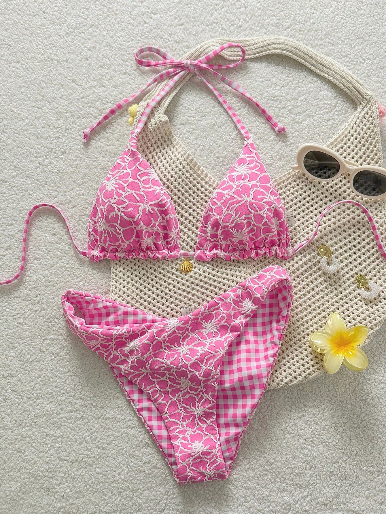 Swim Mod Women's Sweet Pink Floral Patterned Reversible Bikini Set