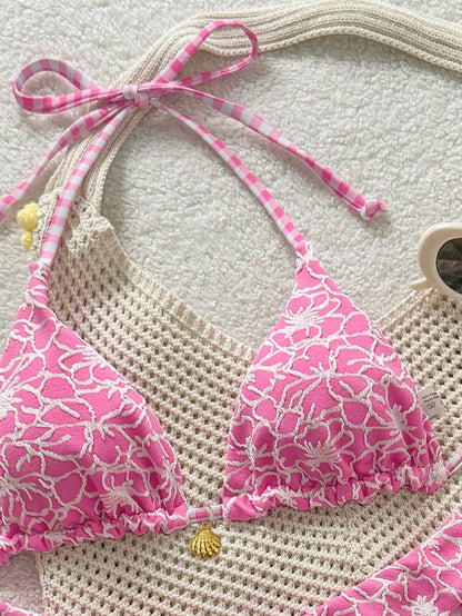 Swim Mod Women's Sweet Pink Floral Patterned Reversible Bikini Set