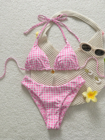 Swim Mod Women's Sweet Pink Floral Patterned Reversible Bikini Set