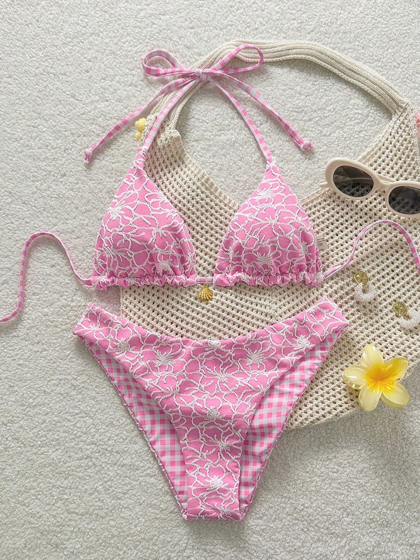 Swim Mod Women's Sweet Pink Floral Print Reversible Halter Tie Sexy Bikini Swimwear Set, Bikinis Set For Women