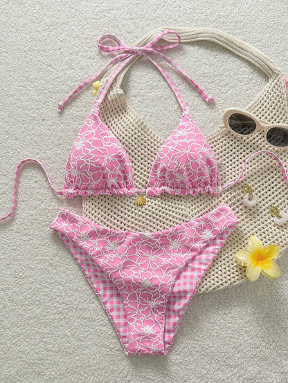 Swim Mod Women's Sweet Pink Floral Print Reversible Halter Tie Sexy Bikini Swimwear Set, Bikinis Set For Women