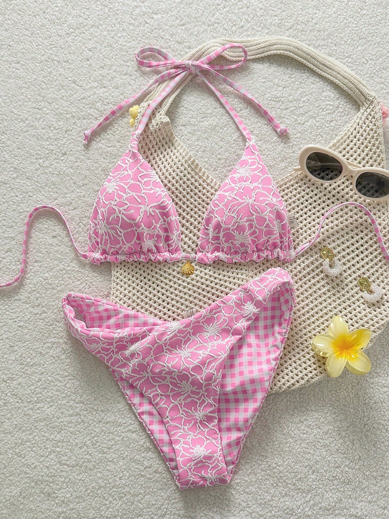 Swim Mod Women's Sweet Pink Floral Print Reversible Halter Tie Sexy Bikini Swimwear Set, Bikinis Set For Women