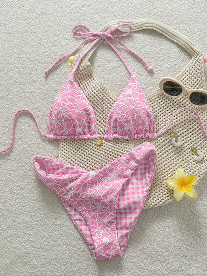 Swim Mod Women's Sweet Pink Floral Print Reversible Halter Tie Sexy Bikini Swimwear Set, Bikinis Set For Women