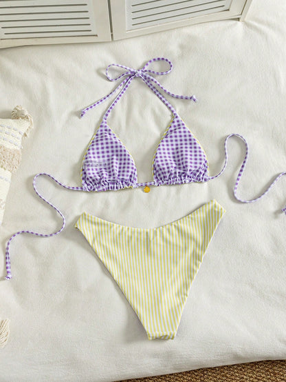 Swim Mod Women's Sweet Striped Beach Vacation Halter Neck Dual-Color Special Double-Fabric Bikini Set
