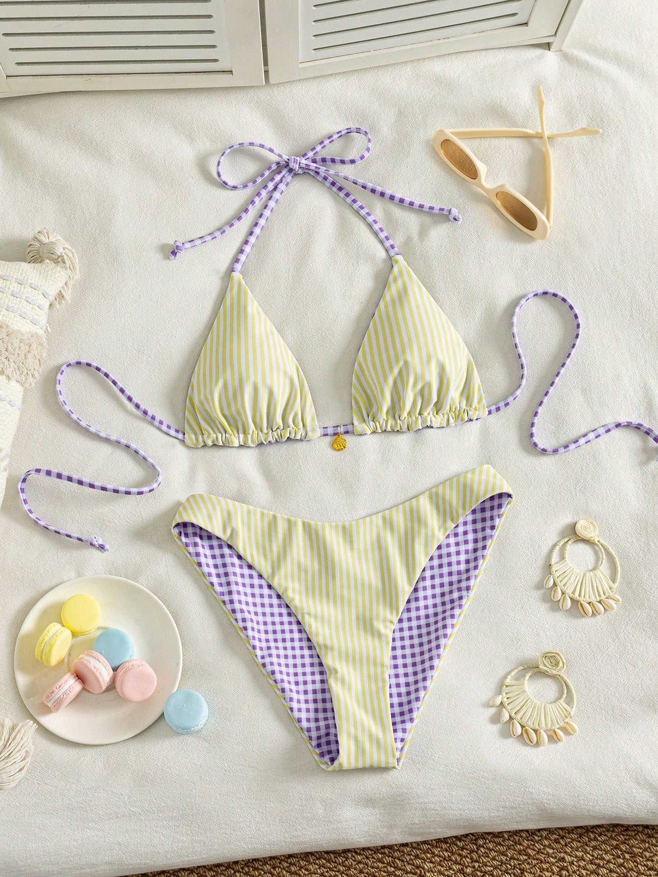 Swim Mod Women's Sweet Striped Beach Vacation Halter Neck Dual-Color Special Double-Fabric Bikini Set