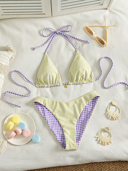 Swim Mod Women's Sweet Striped Beach Vacation Halter Neck Dual-Color Special Double-Fabric Bikini Set