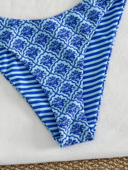 Swim Mod Women's Sweet White And Blue Flora Floral Pattern Reversible Bikini Set Beach Vacation Summer Sexy Tropical