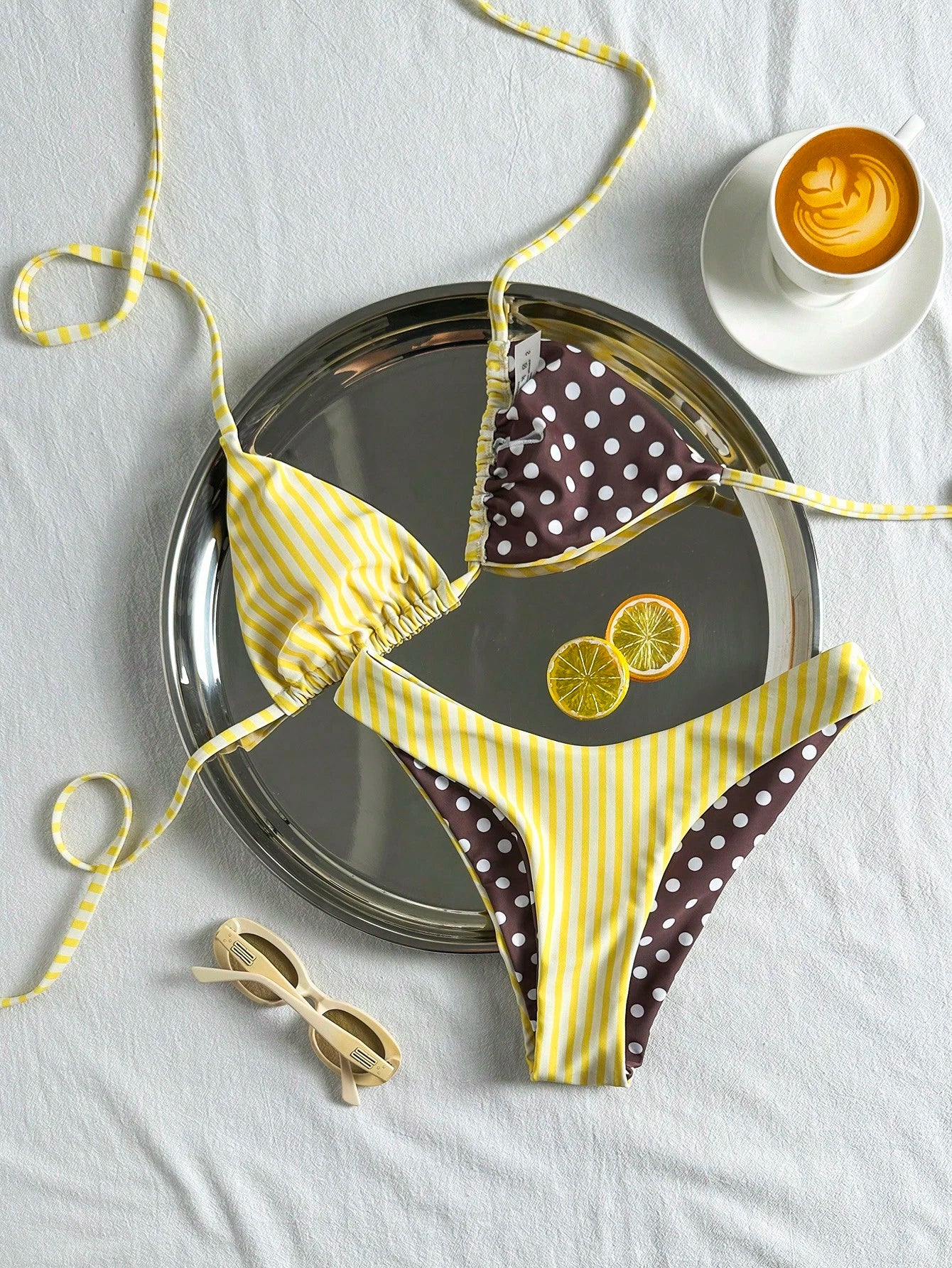 Swim Mod Women's Swimwear Bikini,Stripe Polka Dot Triangle Reversible Floral Contrast Set,White,Summer,Casual,Holiday,Pool Party,Vacation,Holiday Beachwear