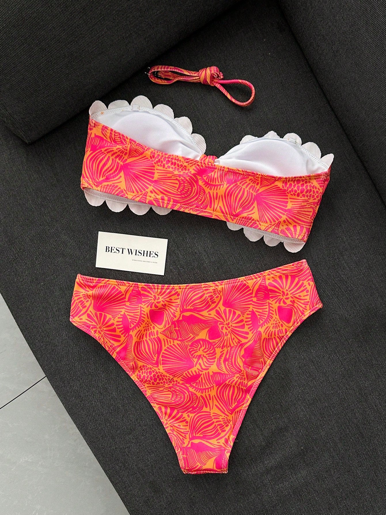 Swim Mod Women's Swimwear, Girl, Cut-Out Edge, Petal Trim Bandeau, Sweet And Cute, Ditsy Floral, Textured Ribbed Fabric