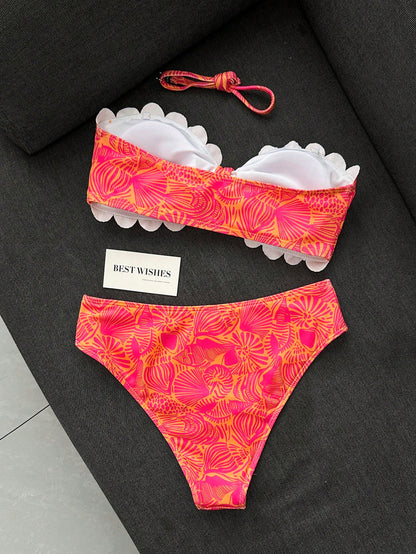 Swim Mod Women's Swimwear, Girl, Cut-Out Edge, Petal Trim Bandeau, Sweet And Cute, Ditsy Floral, Textured Ribbed Fabric