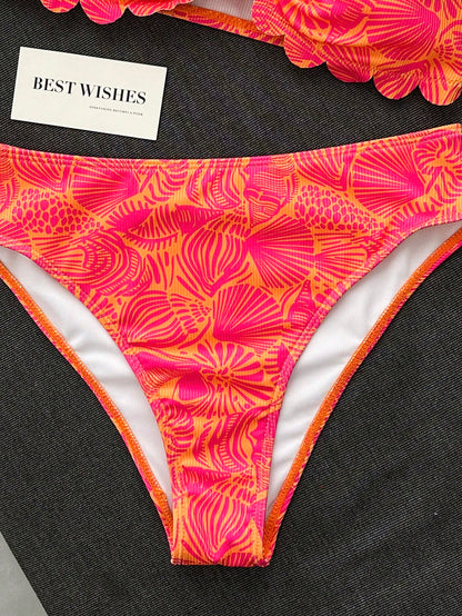 Swim Mod Women's Swimwear, Girl, Cut-Out Edge, Petal Trim Bandeau, Sweet And Cute, Ditsy Floral, Textured Ribbed Fabric