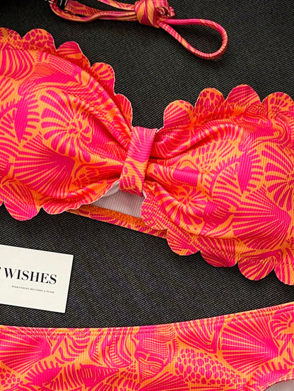 Swim Mod Women's Swimwear, Girl, Cut-Out Edge, Petal Trim Bandeau, Sweet And Cute, Ditsy Floral, Textured Ribbed Fabric