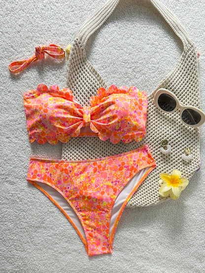 Swim Mod Women's Swimwear, Teenage Girl, Cutout Floral Trim, Sweetheart Neckline, Sweet & Cute, Tiny Ditsy Floral, Textured Ribbed Fabric