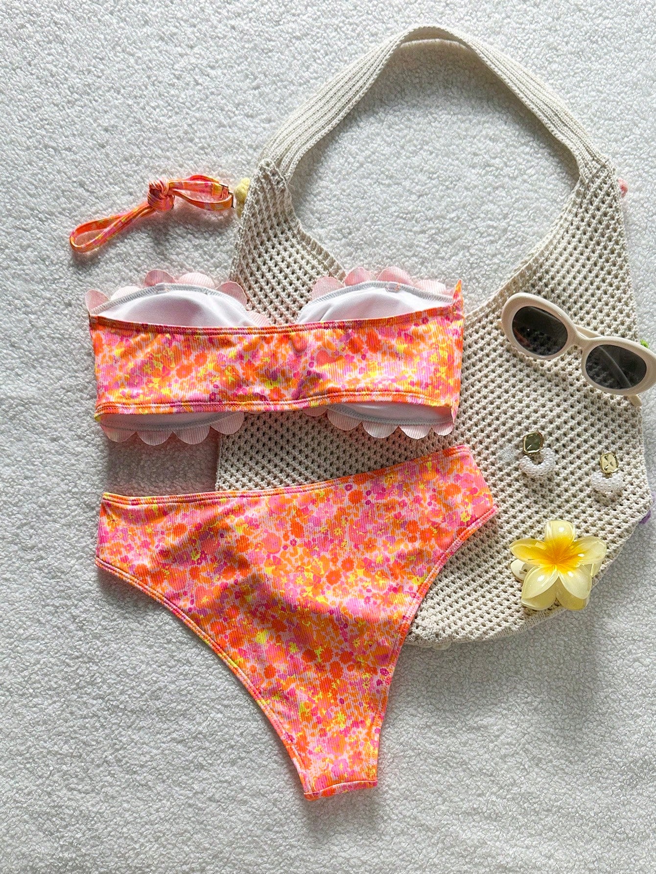 Swim Mod Women's Swimwear, Teenage Girl, Cutout Floral Trim, Sweetheart Neckline, Sweet & Cute, Tiny Ditsy Floral, Textured Ribbed Fabric