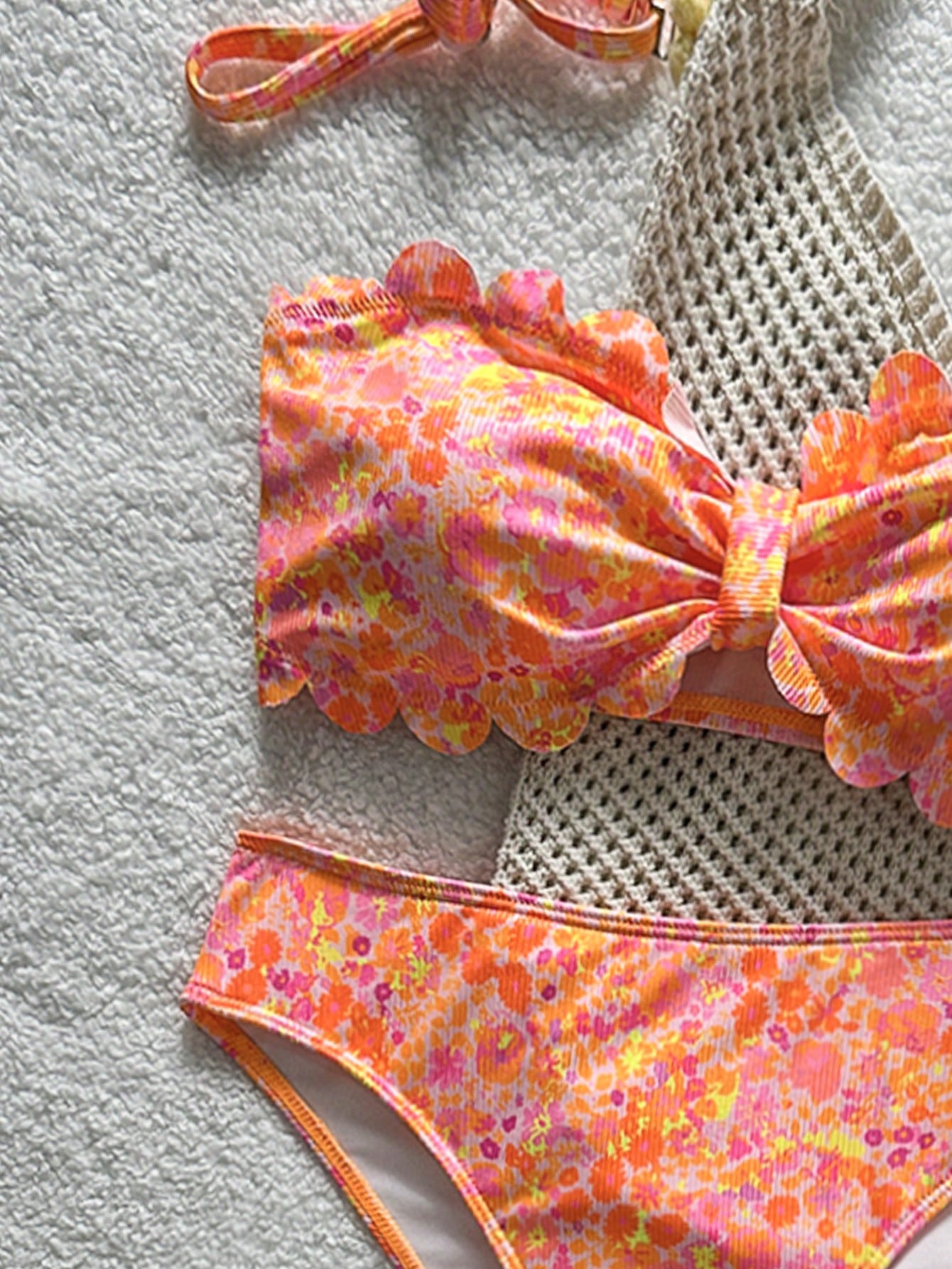 Swim Mod Women's Swimwear, Teenage Girl, Cutout Floral Trim, Sweetheart Neckline, Sweet & Cute, Tiny Ditsy Floral, Textured Ribbed Fabric