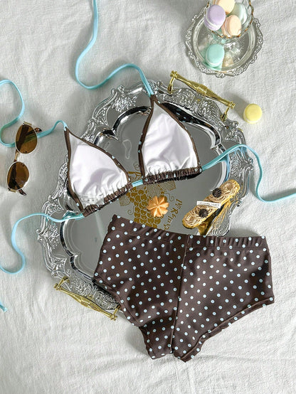 Swim Mod Women's Two Pieces Brown And Blue Polka Dot Bikini Set,Summer 70s Retro Tropical Halter Tie Triangle Cup Bow Decor Elastic Waist Briefs,Holiday