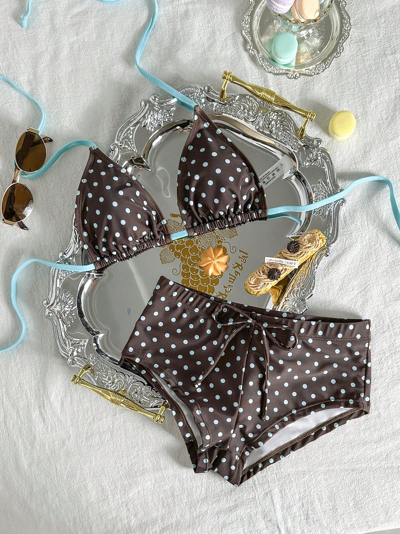Swim Mod Women's Two Pieces Brown And Blue Polka Dot Bikini Set,Summer 70s Retro Tropical Halter Tie Triangle Cup Bow Decor Elastic Waist Briefs,Holiday
