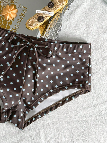 Swim Mod Women's Two Pieces Brown And Blue Polka Dot Bikini Set,Summer 70s Retro Tropical Halter Tie Triangle Cup Bow Decor Elastic Waist Briefs,Holiday