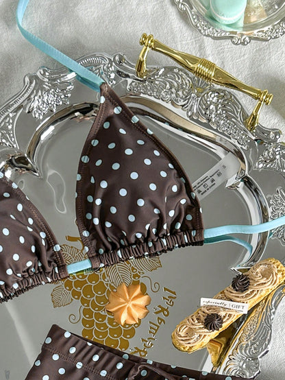 Swim Mod Women's Two Pieces Brown And Blue Polka Dot Bikini Set,Summer 70s Retro Tropical Halter Tie Triangle Cup Bow Decor Elastic Waist Briefs,Holiday