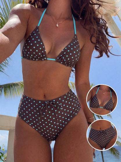 Swim Mod Women's Two Pieces Brown And Blue Polka Dot Bikini Set,Summer 70s Retro Tropical Halter Tie Triangle Cup Bow Decor Elastic Waist Briefs,Holiday