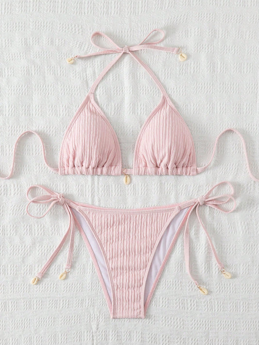 Swim Mod Women's Vacation Beach Solid Color Textured Bikini Set For Summer