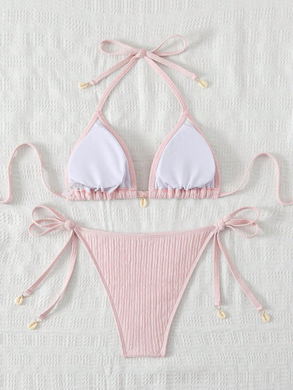 Swim Mod Women's Vacation Beach Solid Color Textured Bikini Set For Summer