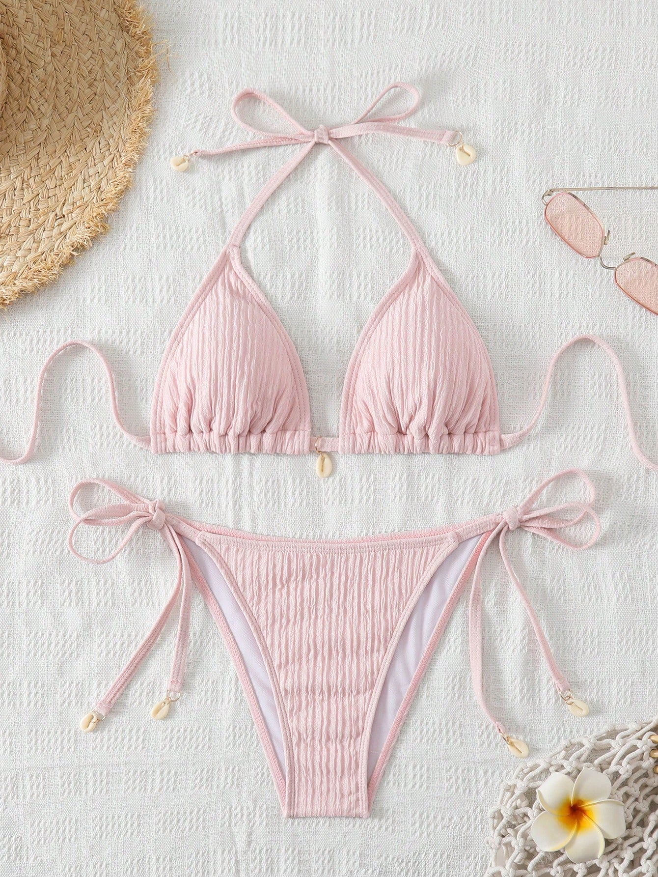 Swim Mod Women's Vacation Beach Solid Color Textured Bikini Set For Summer