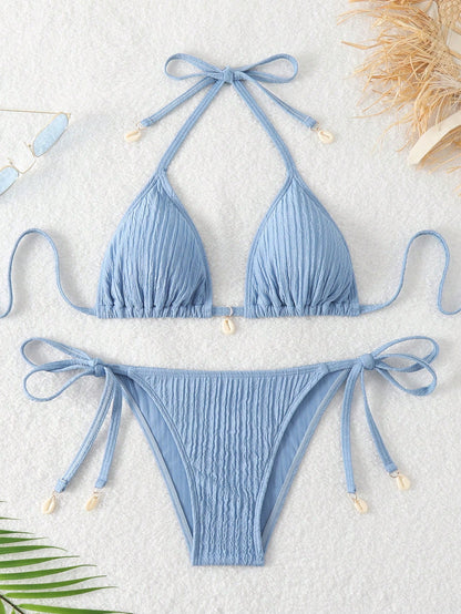 Swim Mod Women's Vacation Beach Solid Color Textured Bikini Set For Summer